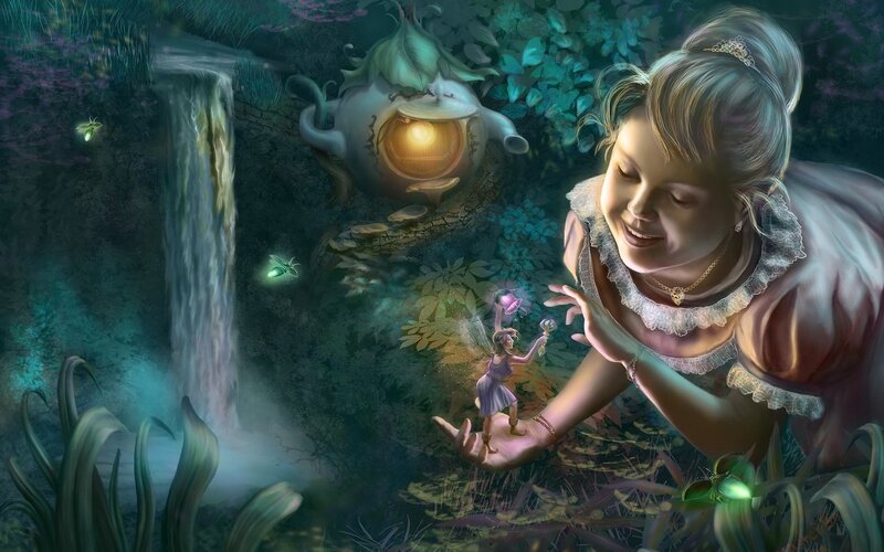 girl with fairy in forest
