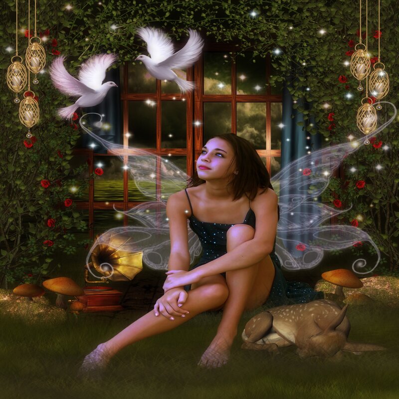 Girl with Fairy Wings — Green, Serene, Night