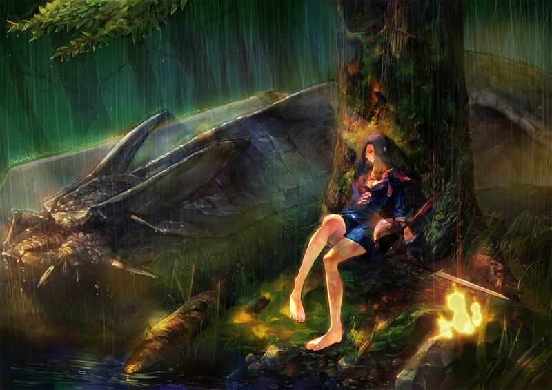Girl with fallen dragon in rain