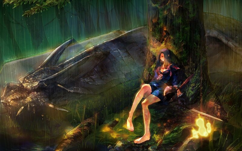 Girl with fallen dragon in rain