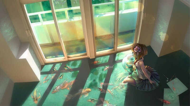 Girl with fish in a sunlit room