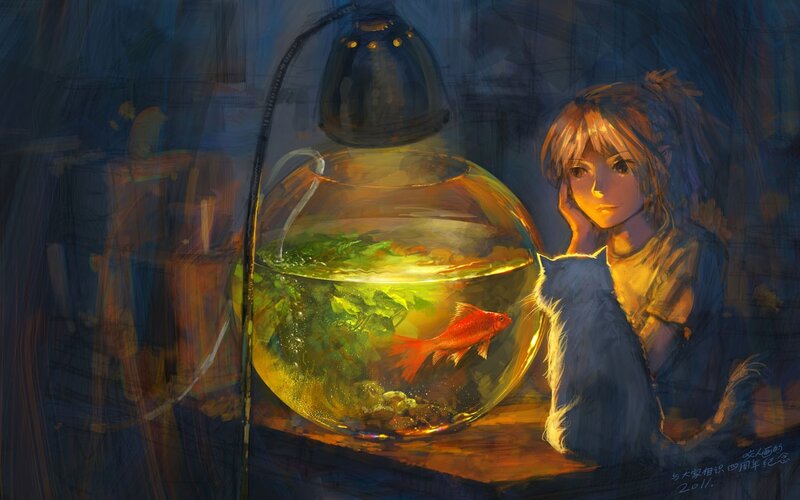 girl with fishbowl and cat