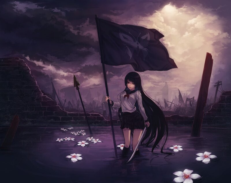 Girl with flag in ruined city