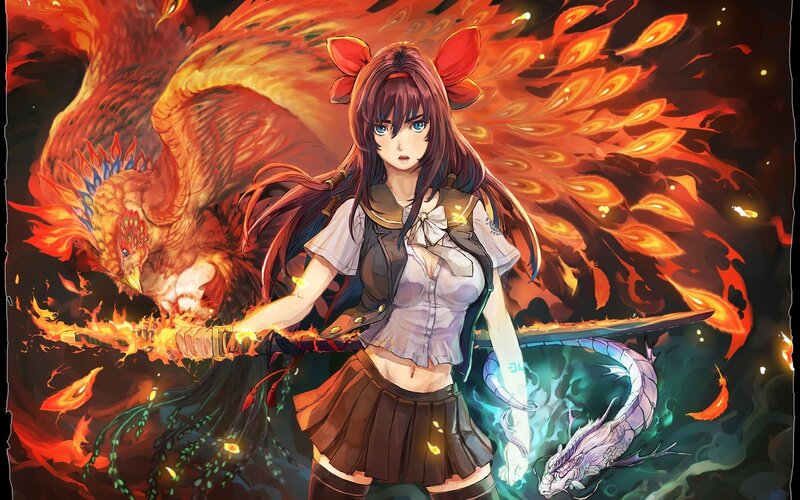 girl with flaming sword and phoenix