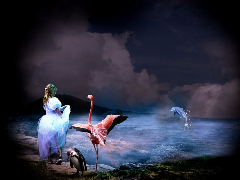 Girl with Flamingo and Penguin