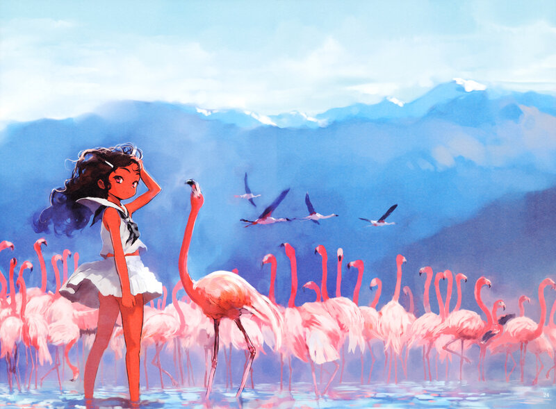 Girl with flamingos in water