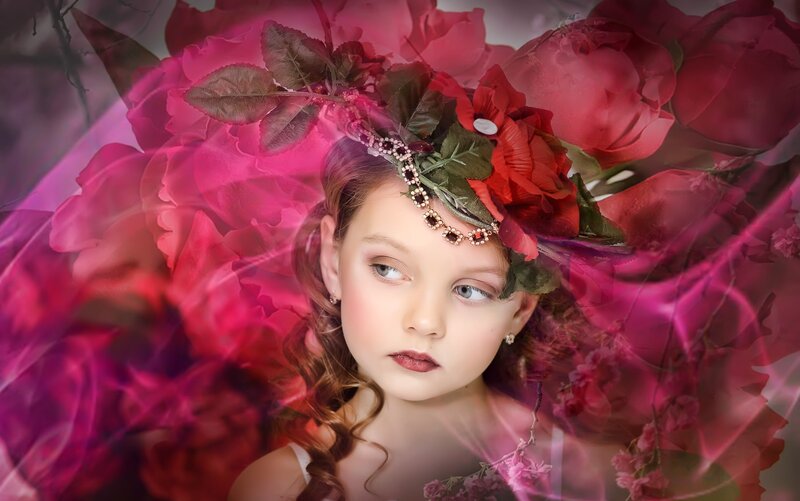 Girl with Floral Crown — Pink, Dreamy, Digital Art
