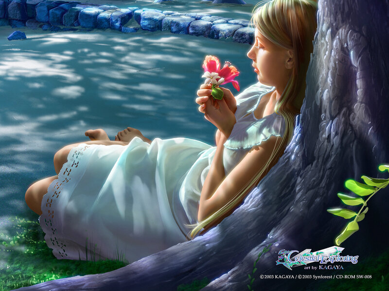 Girl with flower by the water