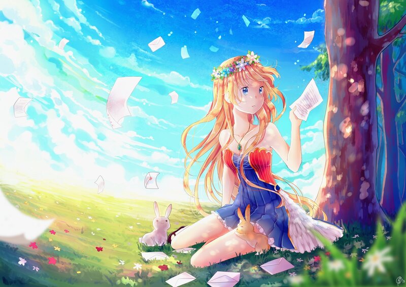 Girl with Flower Crown — Blue, Serene, Afternoon, Anime