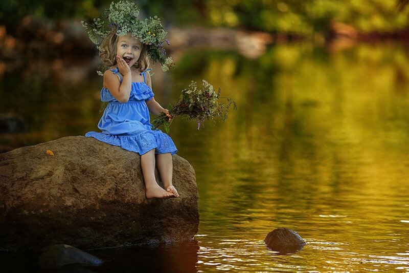 Girl with Flower Crown — Blue, Serene, Afternoon, Photograph