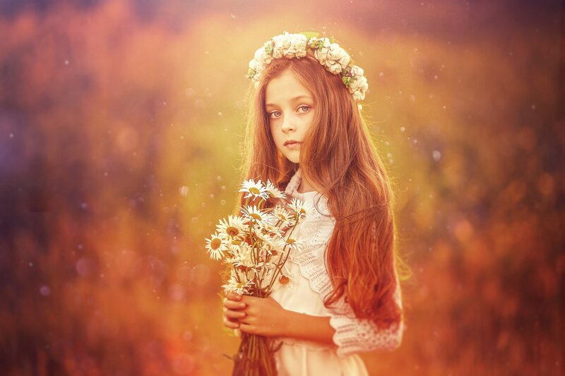 Girl with Flower Crown — Orange, Serene, Sunset, Photograph