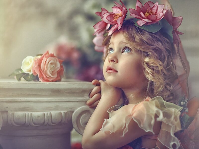 Girl with Flower Crown — Pink, Dreamy, Photograph, Flowers