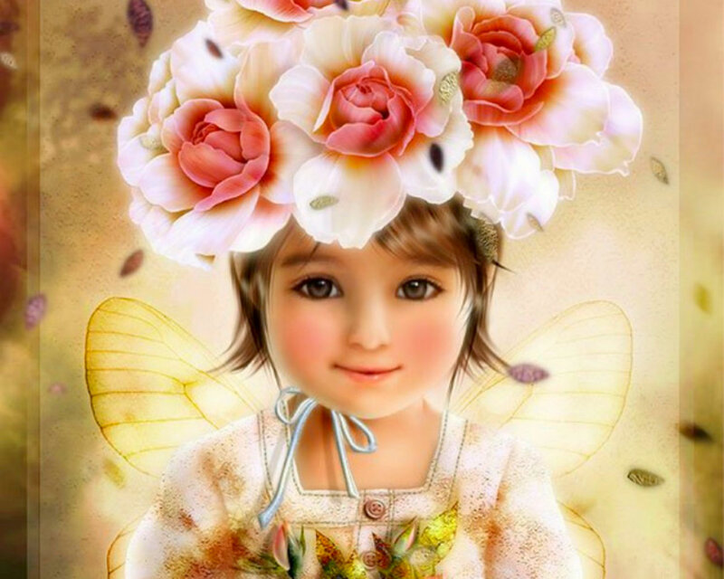 Girl with Flower Crown — Pink, Serene, Digital Art