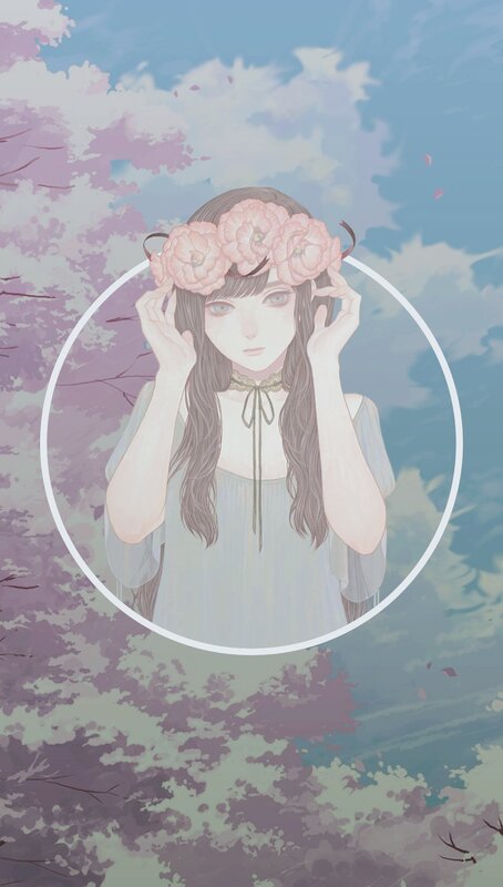 Girl with Flower Crown — Pink, Serene, Spring, Digital Art, Flowers