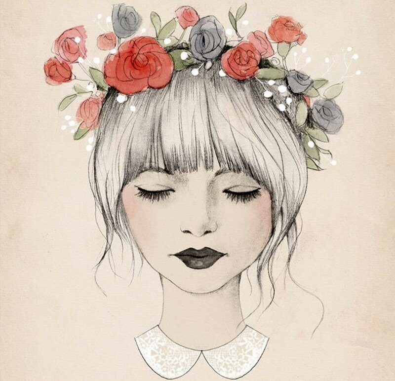Girl with Flower Crown — Red, Serene, Illustration