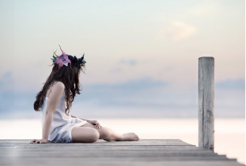 Girl with Flower Crown — White, Serene, Sunset, Photograph, Dock