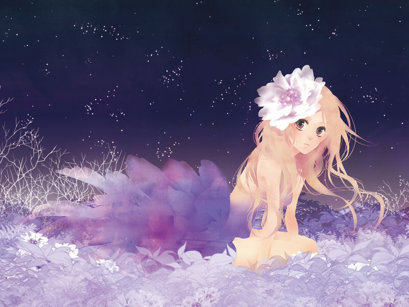 girl with flower in starry field