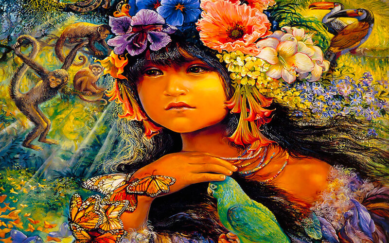 Girl with flowers and animals