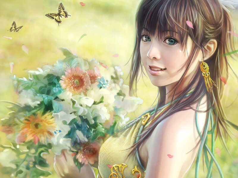 girl with flowers and butterflies