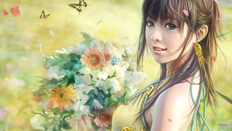 girl with flowers and butterflies