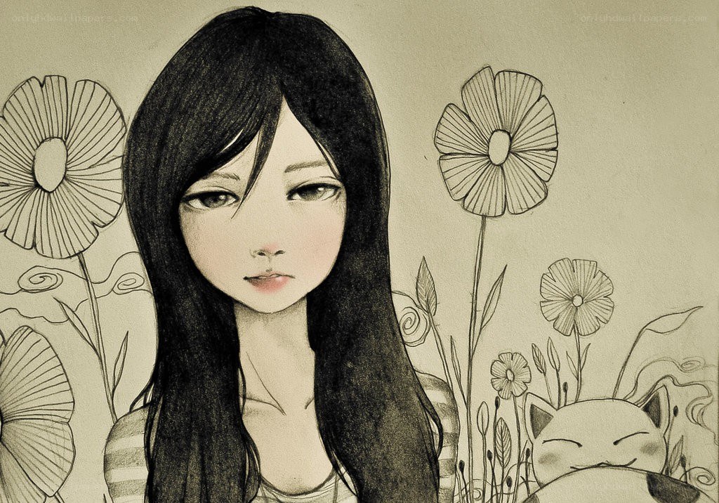 girl with flowers and cat