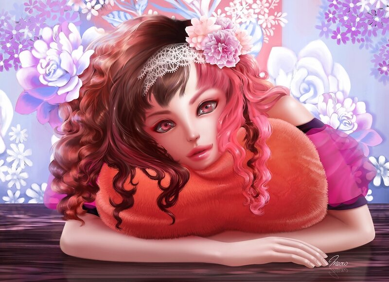 girl with flowers and pink hair
