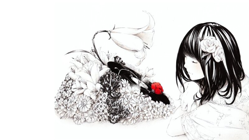 Girl with Flowers — Black, Serene, Manga, Shoe