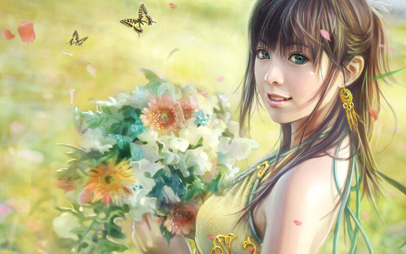 Girl with flowers in a field