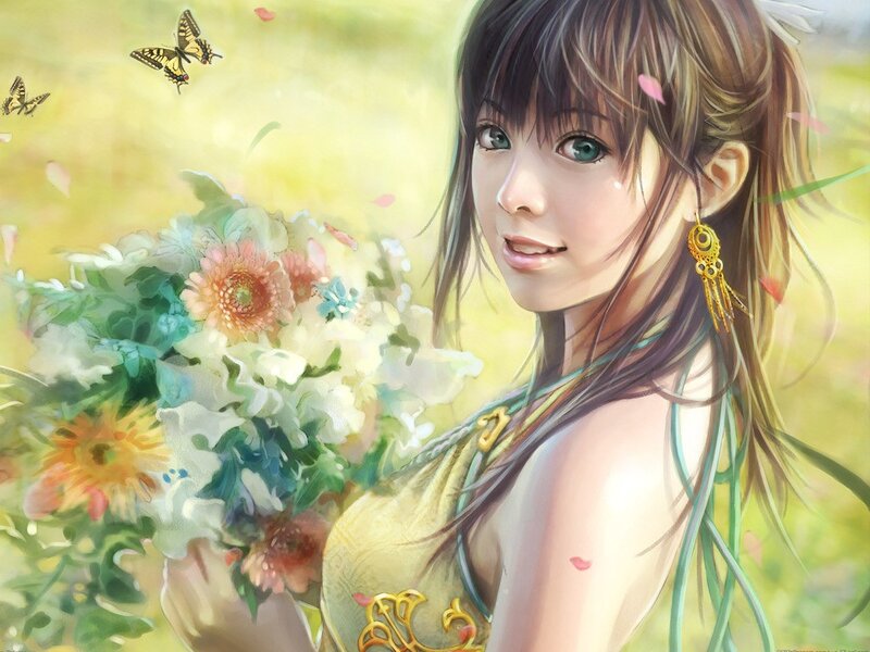 Girl with flowers in a field