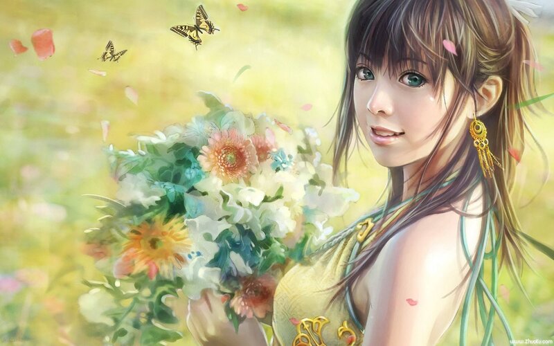girl with flowers in field