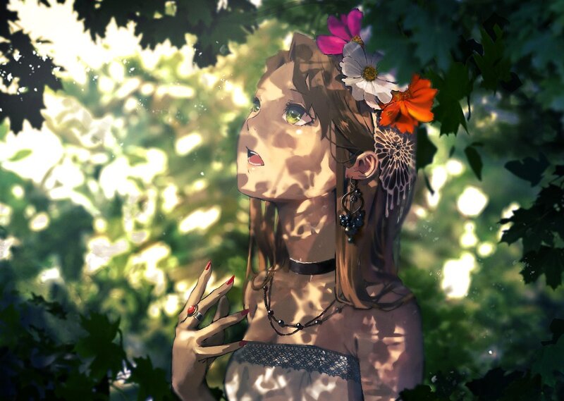 girl with flowers in forest