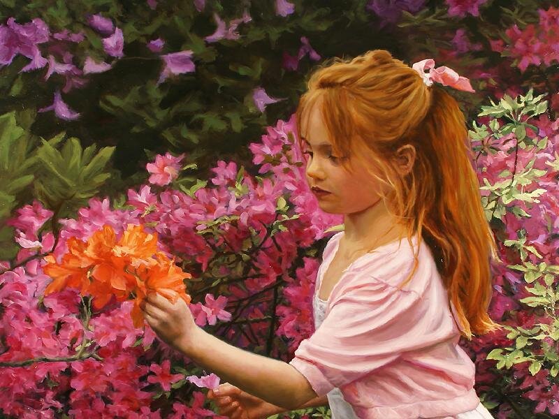 girl with flowers in garden