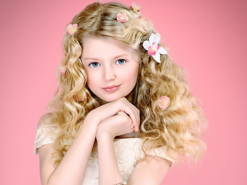 Girl with Flowers in Hair — Pink, Serene