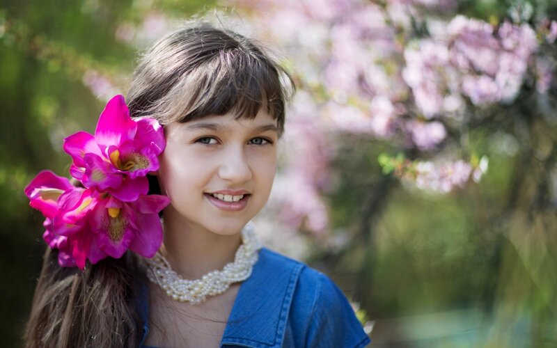 Girl with Flowers in Hair — Pink