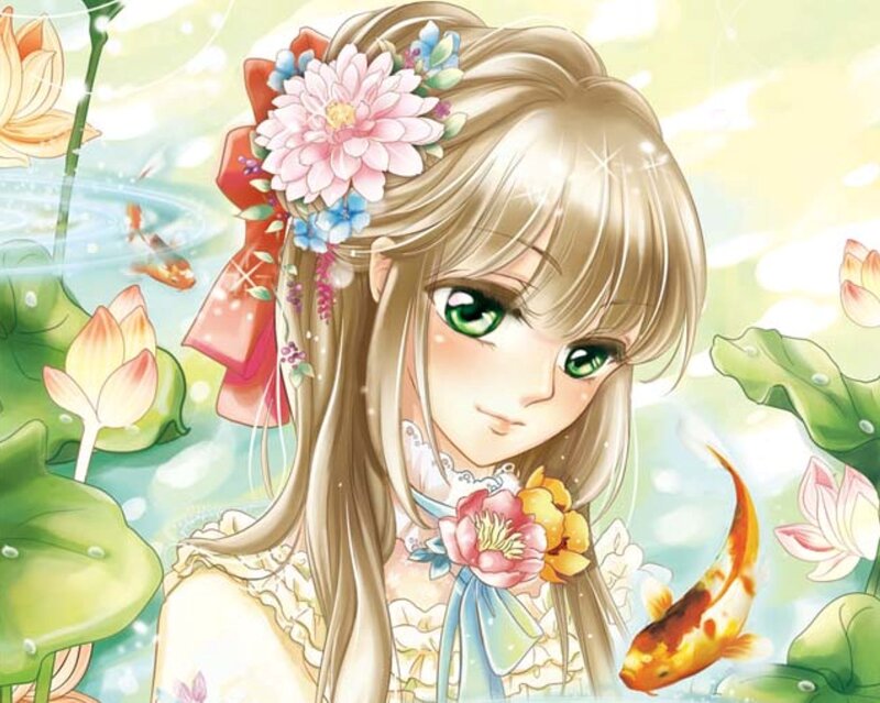 Girl with Flowers in Pond — Green