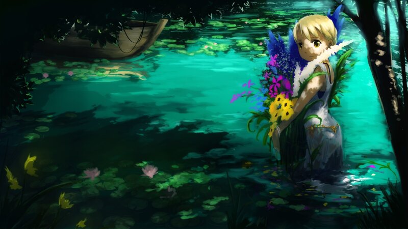 girl with flowers in pond