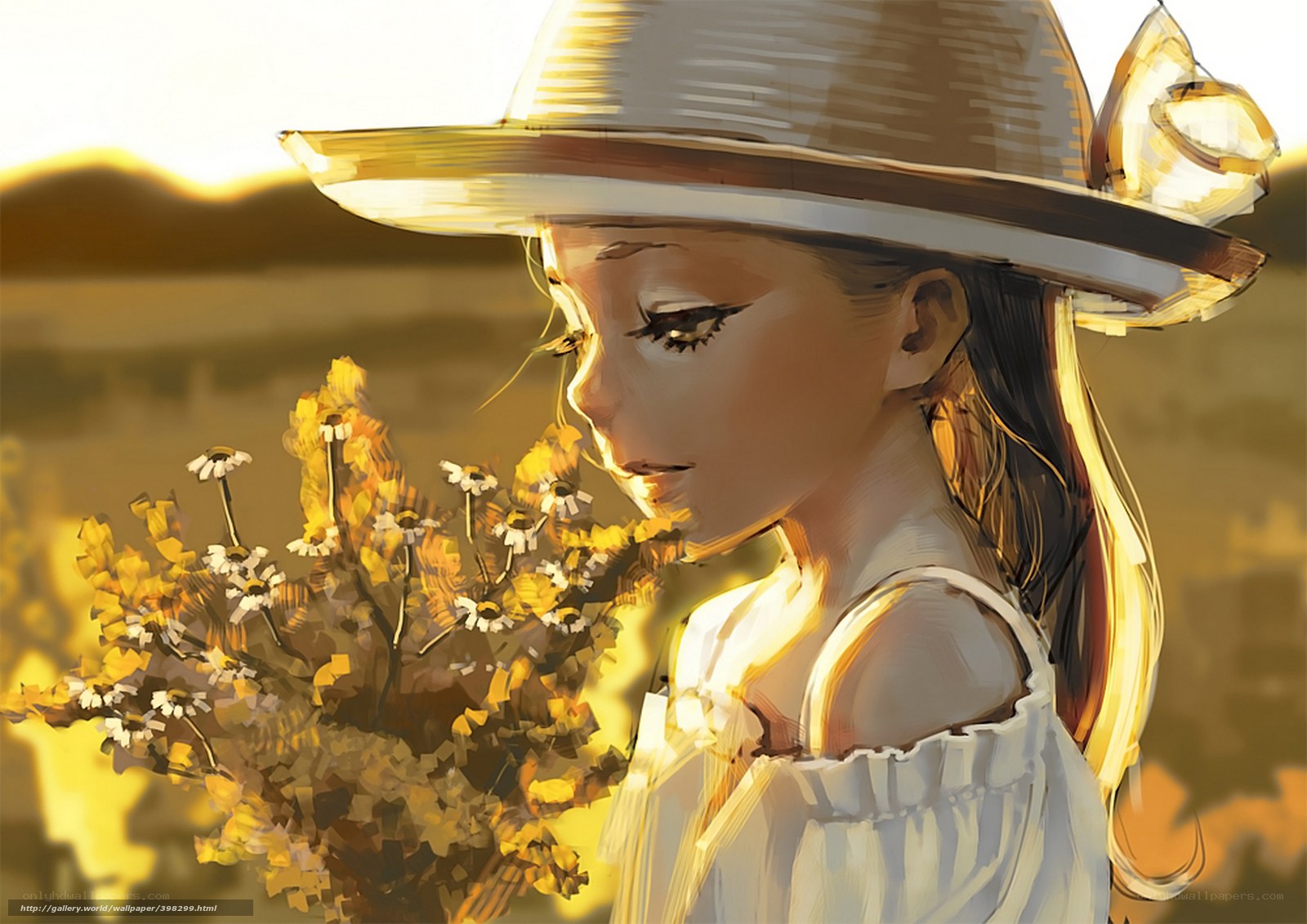 Girl with flowers in sunset