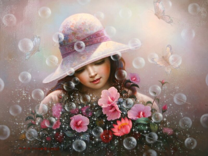 Girl with Flowers — Pink, Dreamy
