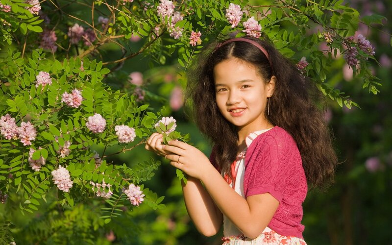 Girl with Flowers — Pink, Serene, Afternoon, Photograph