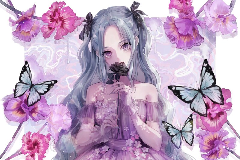 Girl with Flowers — Purple, Dreamy, Digital Art