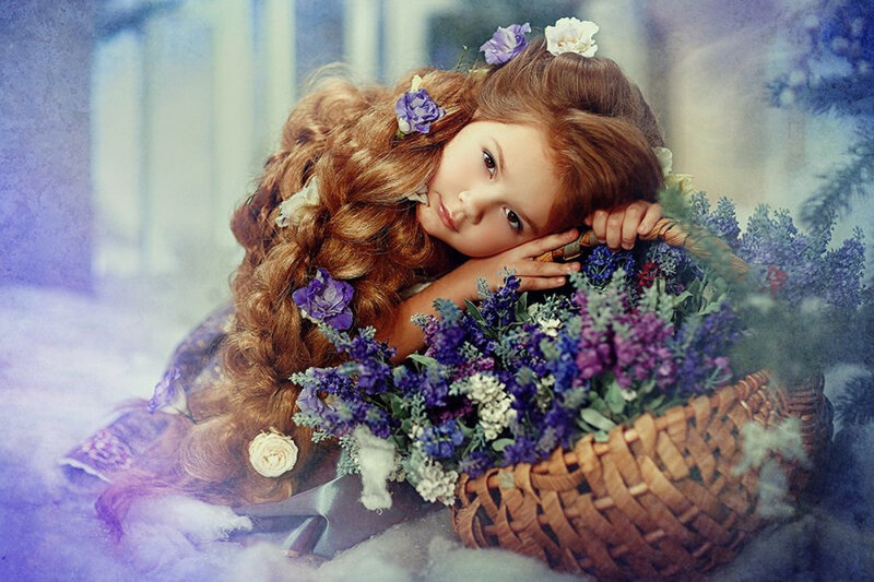 Girl with Flowers — Purple, Dreamy, Photograph