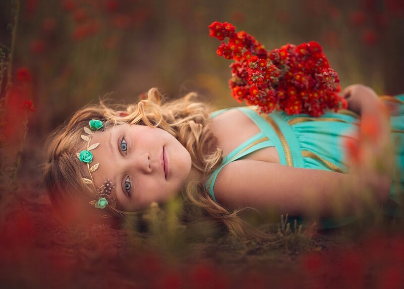 Girl with Flowers — Red, Serene, Afternoon