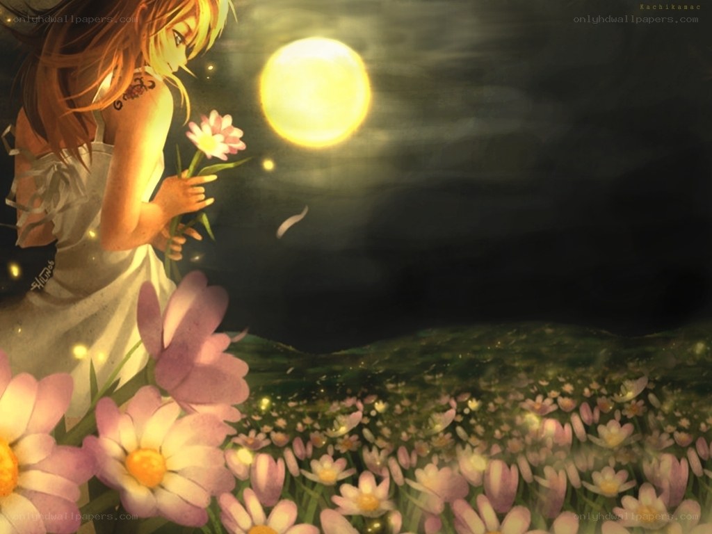 girl with flowers under moonlight