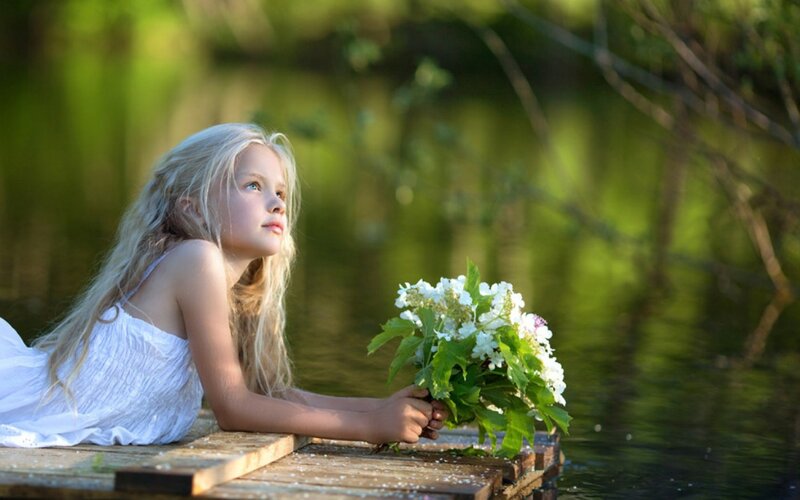 Girl with Flowers — White, Serene, Afternoon, Photograph