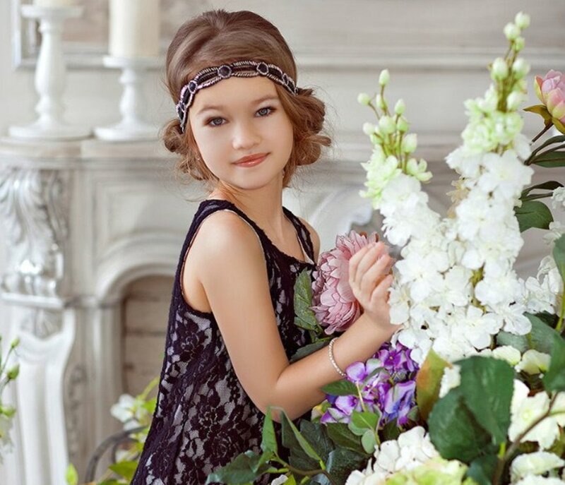 Girl with Flowers — White, Serene