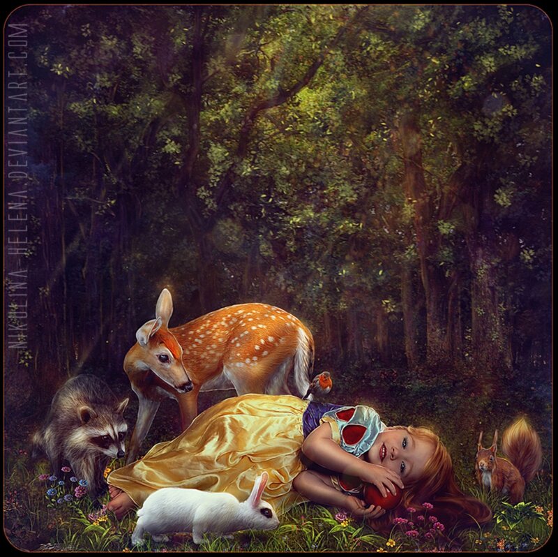 Girl with Forest Animals — Green, Serene