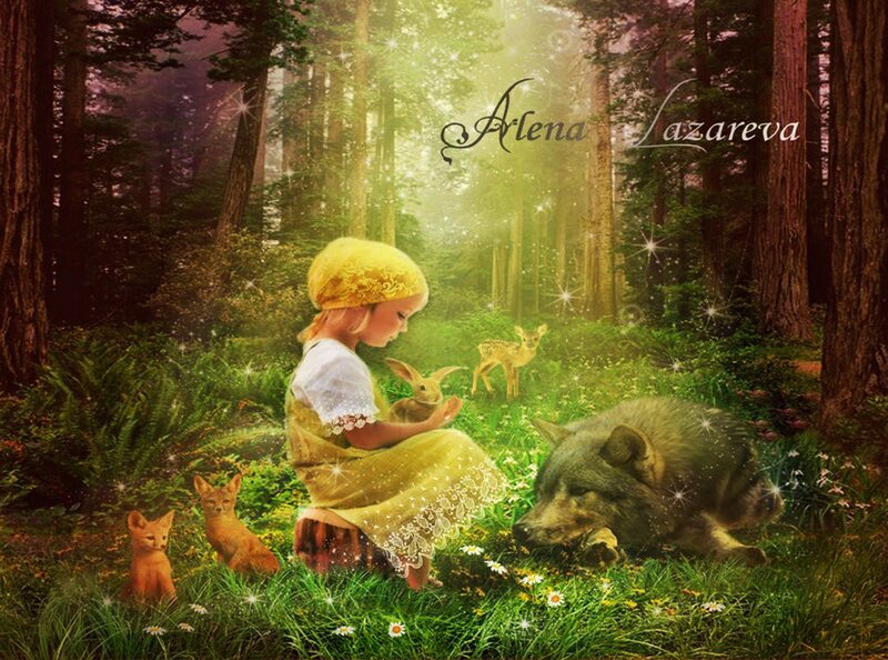 Girl with Forest Animals — Green