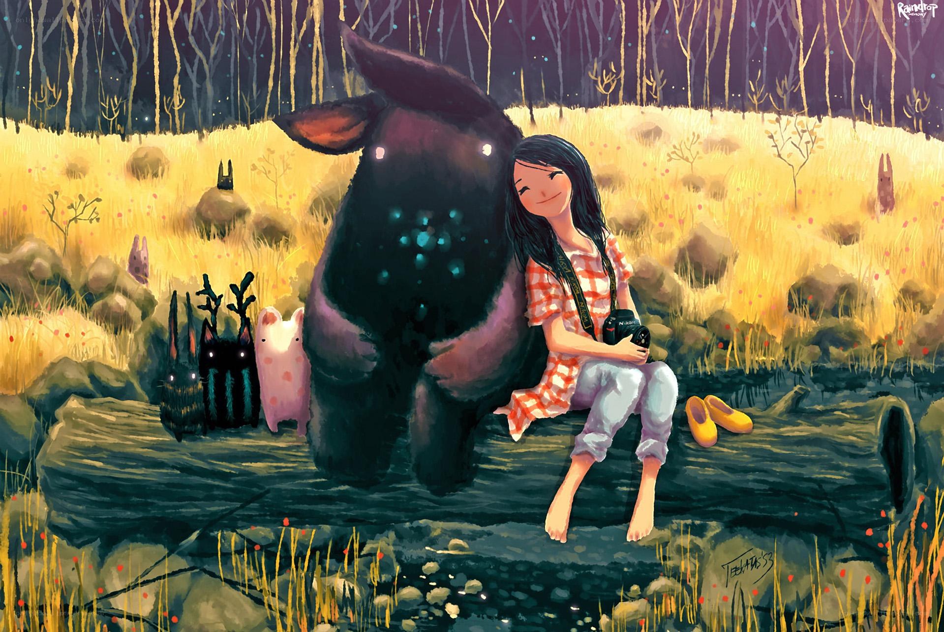Girl with forest creatures