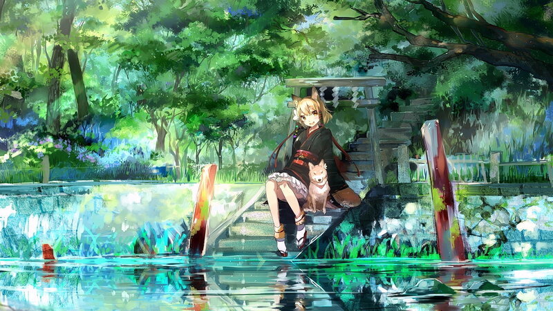 Girl with Fox Ears and Dog — Green, Serene, Afternoon