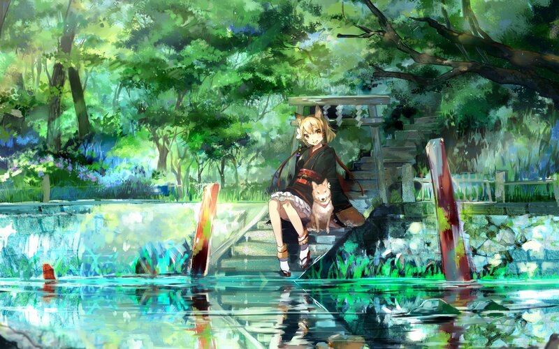 Girl with Fox Ears and Dog — Green